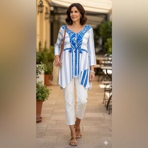 Women’s boho dress size X-Large blue stripes white top long sleeve tassel*